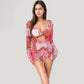 3 Piece Bikini Swimsuit Set with Patchwork Print Triangle Top High Waist Bottom and Ruched Long Sleeve Cover-Up