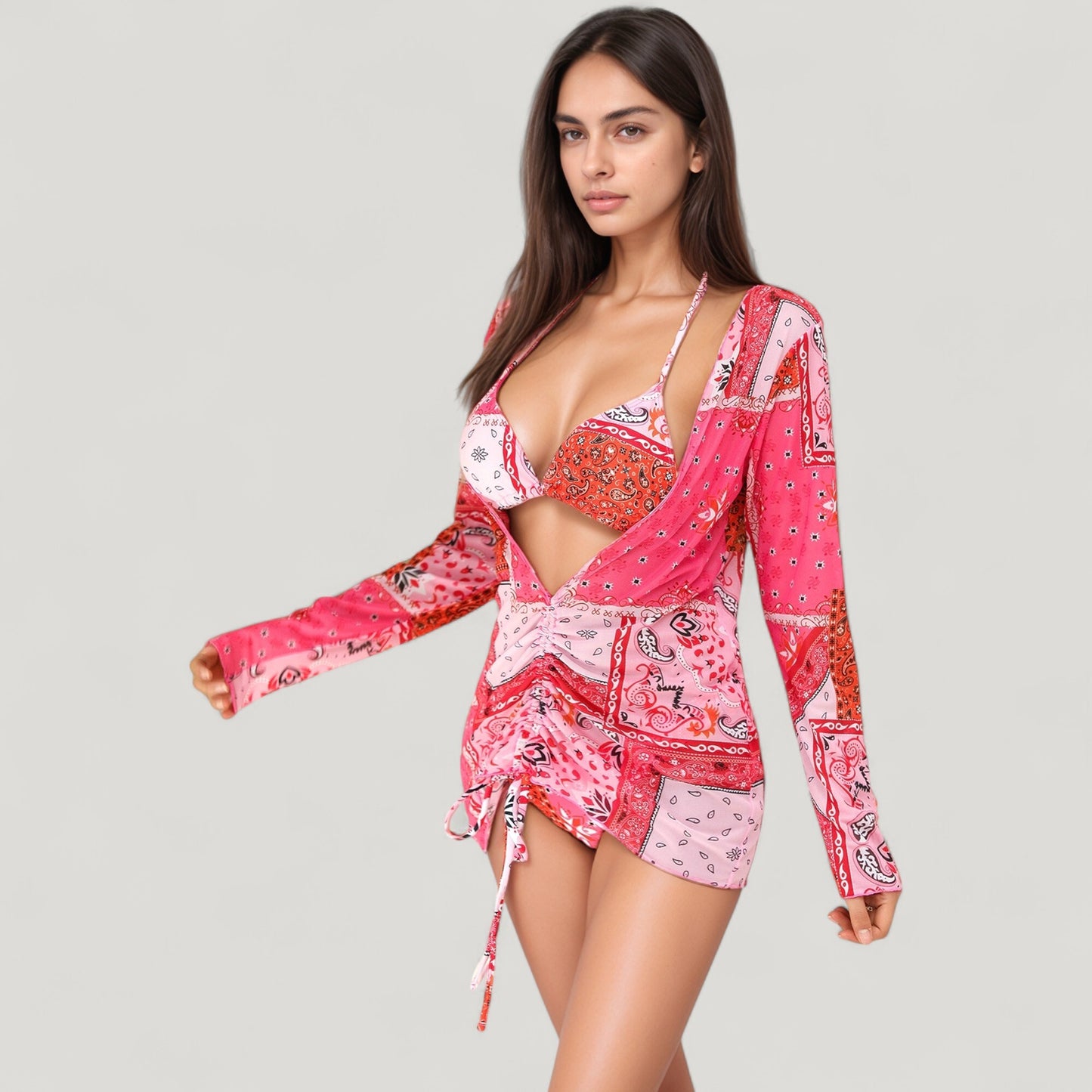 3 Piece Bikini Swimsuit Set with Patchwork Print Triangle Top High Waist Bottom and Ruched Long Sleeve Cover-Up