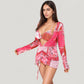 3 Piece Bikini Swimsuit Set with Patchwork Print Triangle Top High Waist Bottom and Ruched Long Sleeve Cover-Up