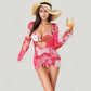 3 Piece Bikini Swimsuit Set with Patchwork Print Triangle Top High Waist Bottom and Ruched Long Sleeve Cover-Up