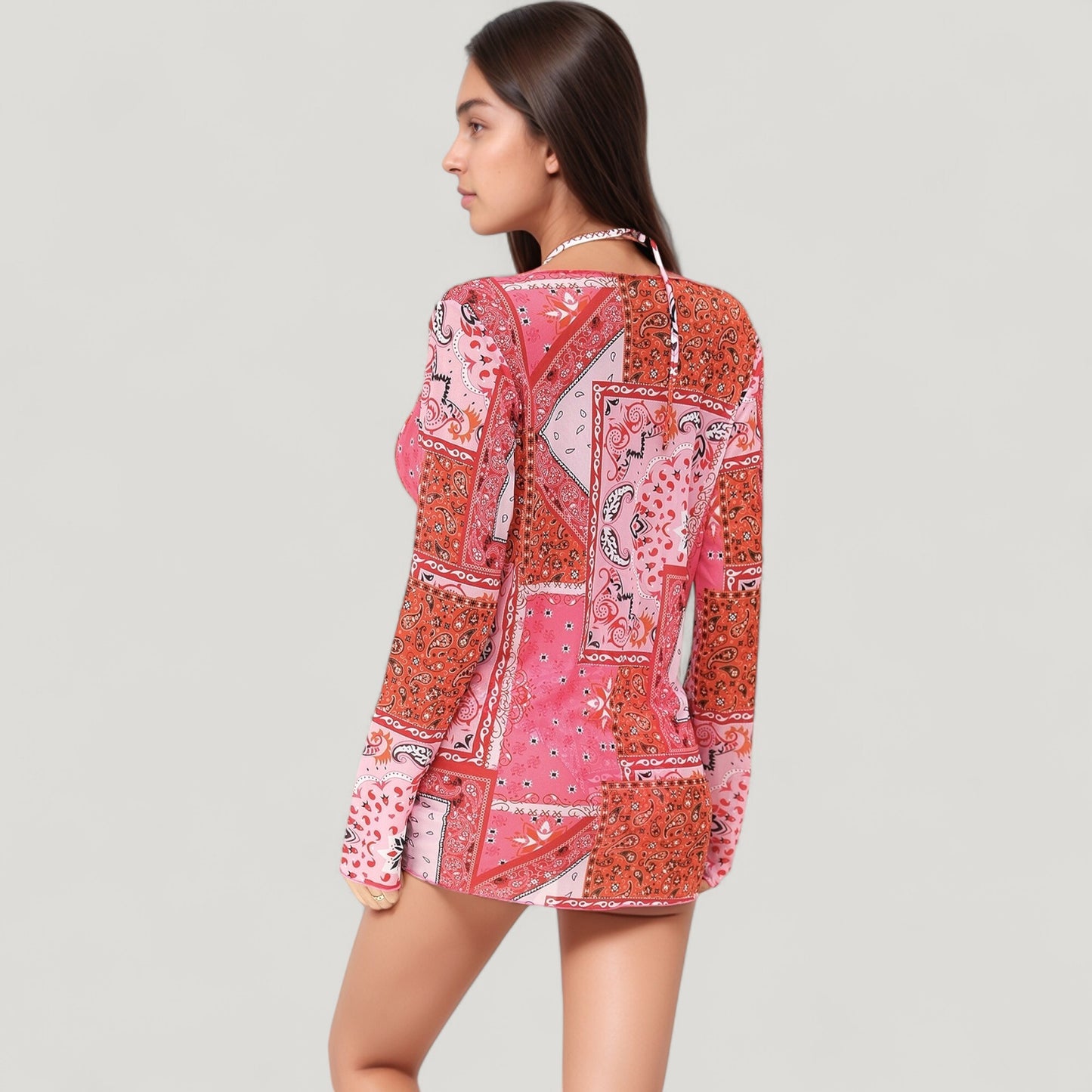 3 Piece Bikini Swimsuit Set with Patchwork Print Triangle Top High Waist Bottom and Ruched Long Sleeve Cover-Up