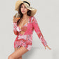 3 Piece Bikini Swimsuit Set with Patchwork Print Triangle Top High Waist Bottom and Ruched Long Sleeve Cover-Up