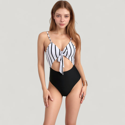 Striped One Piece Swimsuit with Adjustable Straps Tie Front Detail and Cutout Waist Design