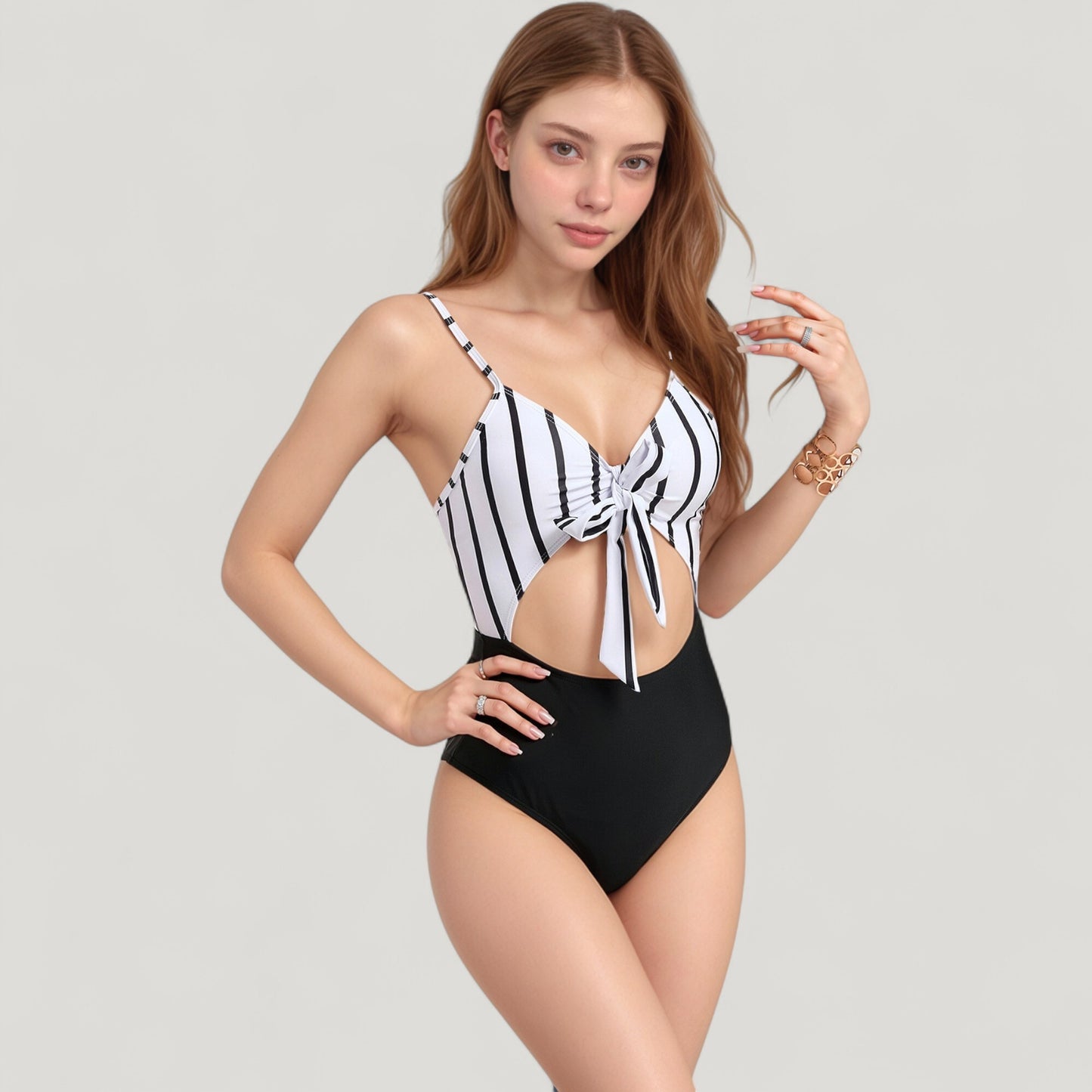 Striped One Piece Swimsuit with Adjustable Straps Tie Front Detail and Cutout Waist Design