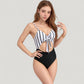 Striped One Piece Swimsuit with Adjustable Straps Tie Front Detail and Cutout Waist Design