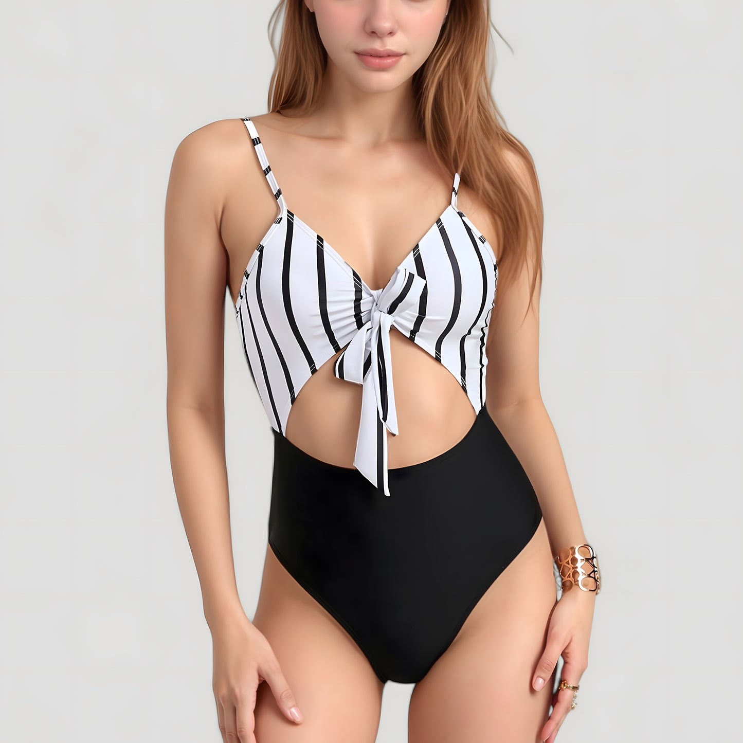 Striped One Piece Swimsuit with Adjustable Straps Tie Front Detail and Cutout Waist Design
