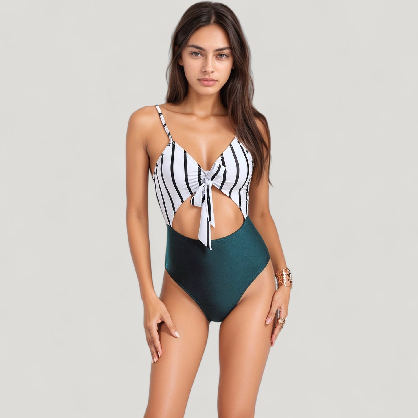 Striped One Piece Swimsuit with Adjustable Straps Tie Front Detail and Cutout Waist Design