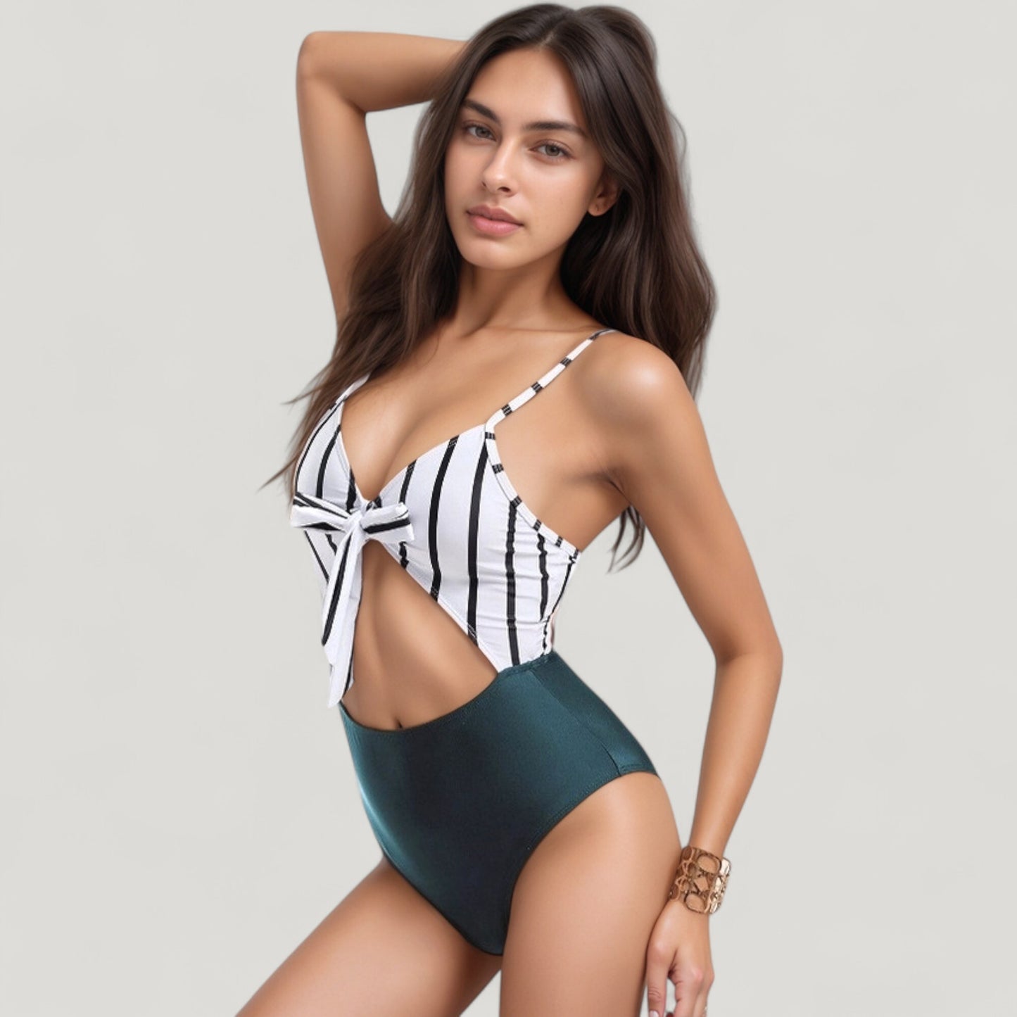 Striped One Piece Swimsuit with Adjustable Straps Tie Front Detail and Cutout Waist Design