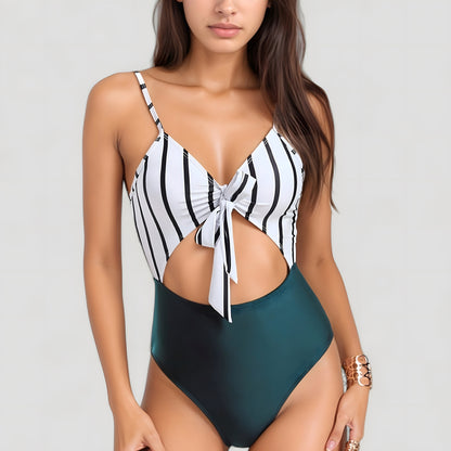 Striped One Piece Swimsuit with Adjustable Straps Tie Front Detail and Cutout Waist Design