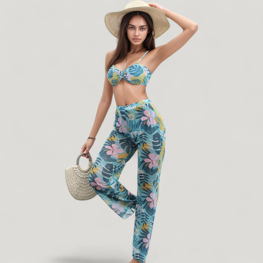 Tropical Leaf Print 3 Piece Swimsuit Set Bikini Top High Waist Bottom Sheer Wide Leg Pants