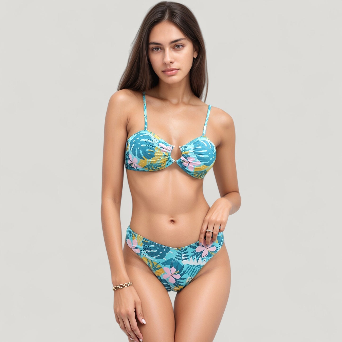 Tropical Leaf Print 3 Piece Swimsuit Set Bikini Top High Waist Bottom Sheer Wide Leg Pants