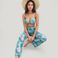 Tropical Leaf Print 3 Piece Swimsuit Set Bikini Top High Waist Bottom Sheer Wide Leg Pants