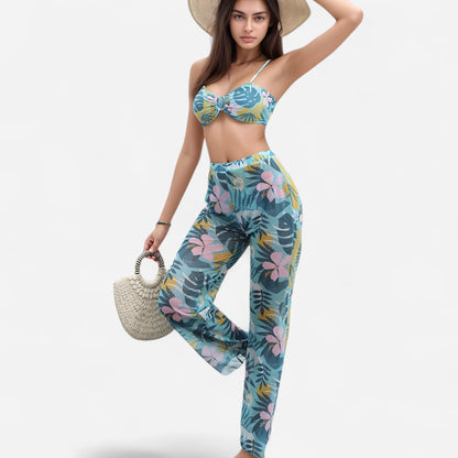 Tropical Leaf Print 3 Piece Swimsuit Set Bikini Top High Waist Bottom Sheer Wide Leg Pants