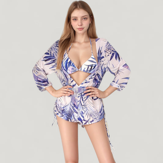 Leaf Print 3 Piece Swimsuit Set Bikini Top Drawstring Shorts Long Sleeve Sheer Cover Up