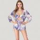 Leaf Print 3 Piece Swimsuit Set Bikini Top Drawstring Shorts Long Sleeve Sheer Cover Up