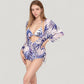 Leaf Print 3 Piece Swimsuit Set Bikini Top Drawstring Shorts Long Sleeve Sheer Cover Up