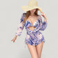 Leaf Print 3 Piece Swimsuit Set Bikini Top Drawstring Shorts Long Sleeve Sheer Cover Up