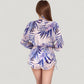 Leaf Print 3 Piece Swimsuit Set Bikini Top Drawstring Shorts Long Sleeve Sheer Cover Up