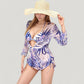 Leaf Print 3 Piece Swimsuit Set Bikini Top Drawstring Shorts Long Sleeve Sheer Cover Up