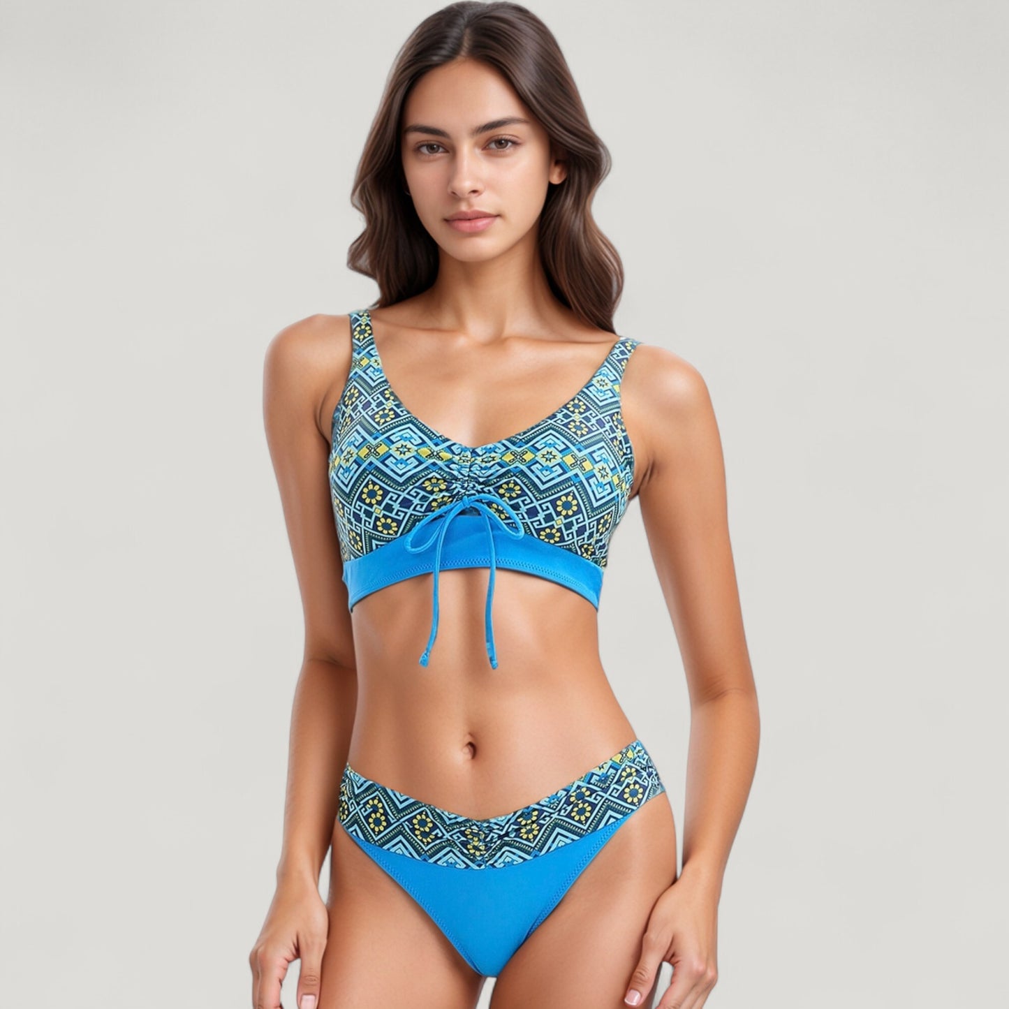 Printed Scoop Neck Bikini Set Drawstring Detail Crop Top and V Cut Hipster Bottoms