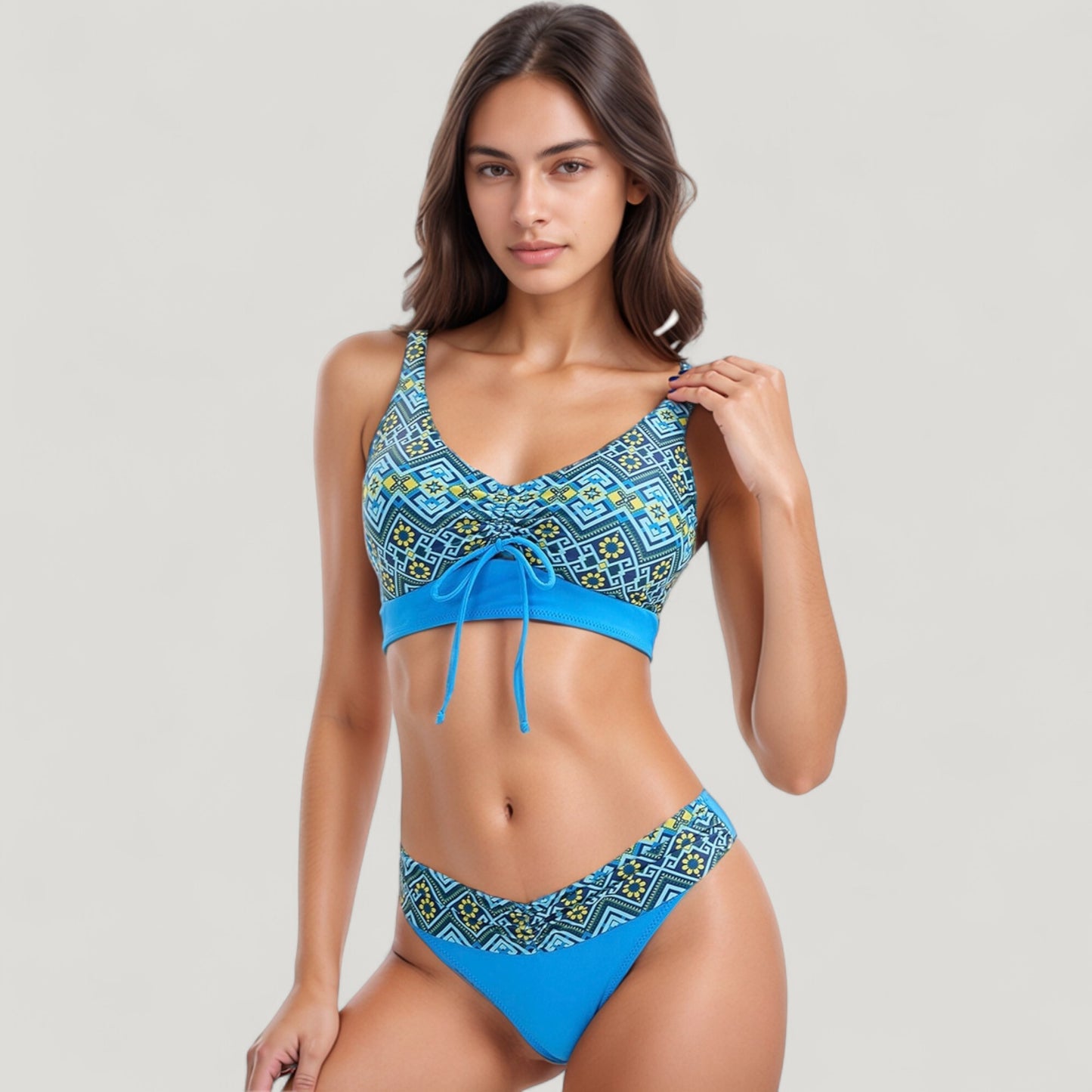 Printed Scoop Neck Bikini Set Drawstring Detail Crop Top and V Cut Hipster Bottoms