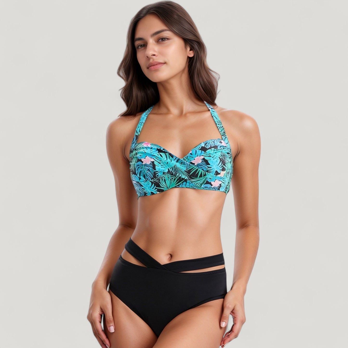 Tropical Print Bikini Set with Crisscross High Waist Bottom and Wide Strap Top