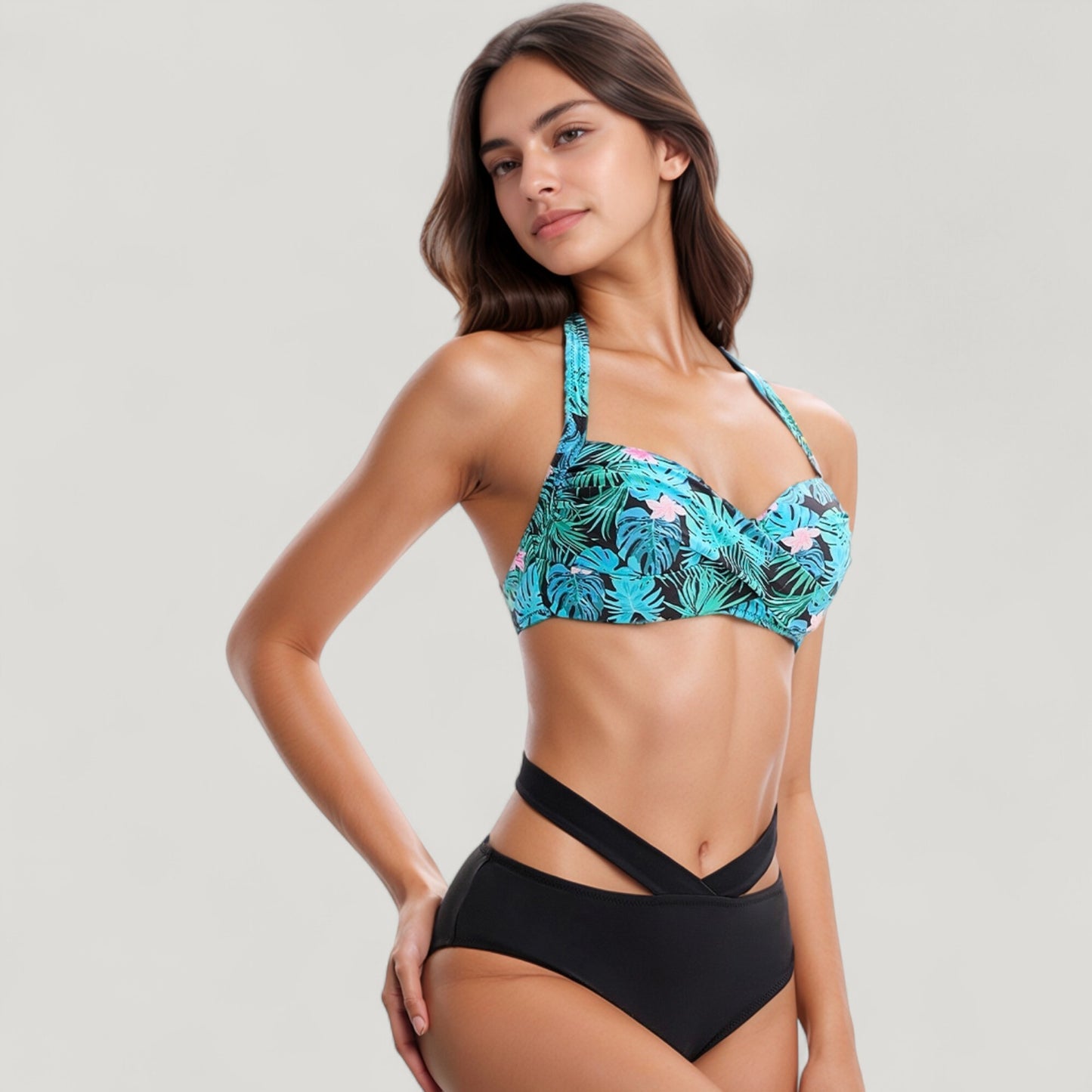 Tropical Print Bikini Set with Crisscross High Waist Bottom and Wide Strap Top