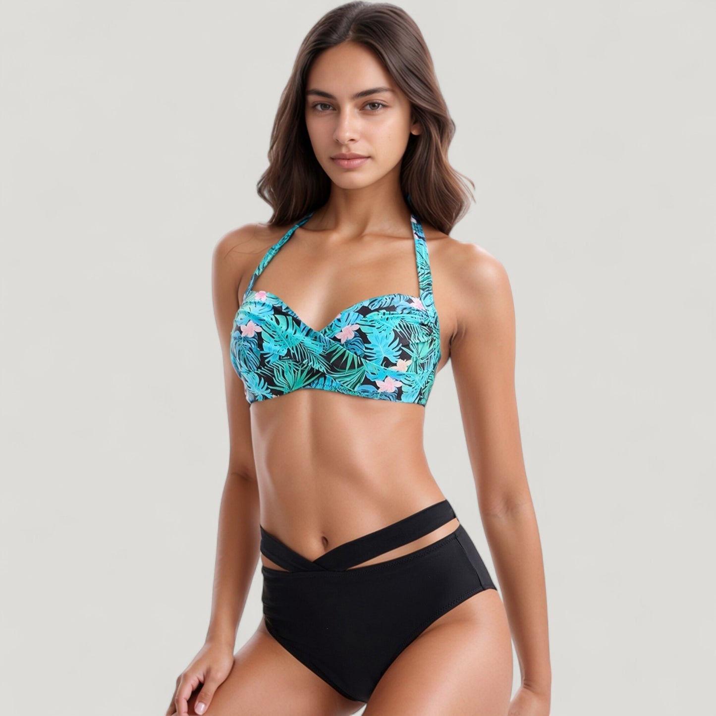 Tropical Print Bikini Set with Crisscross High Waist Bottom and Wide Strap Top