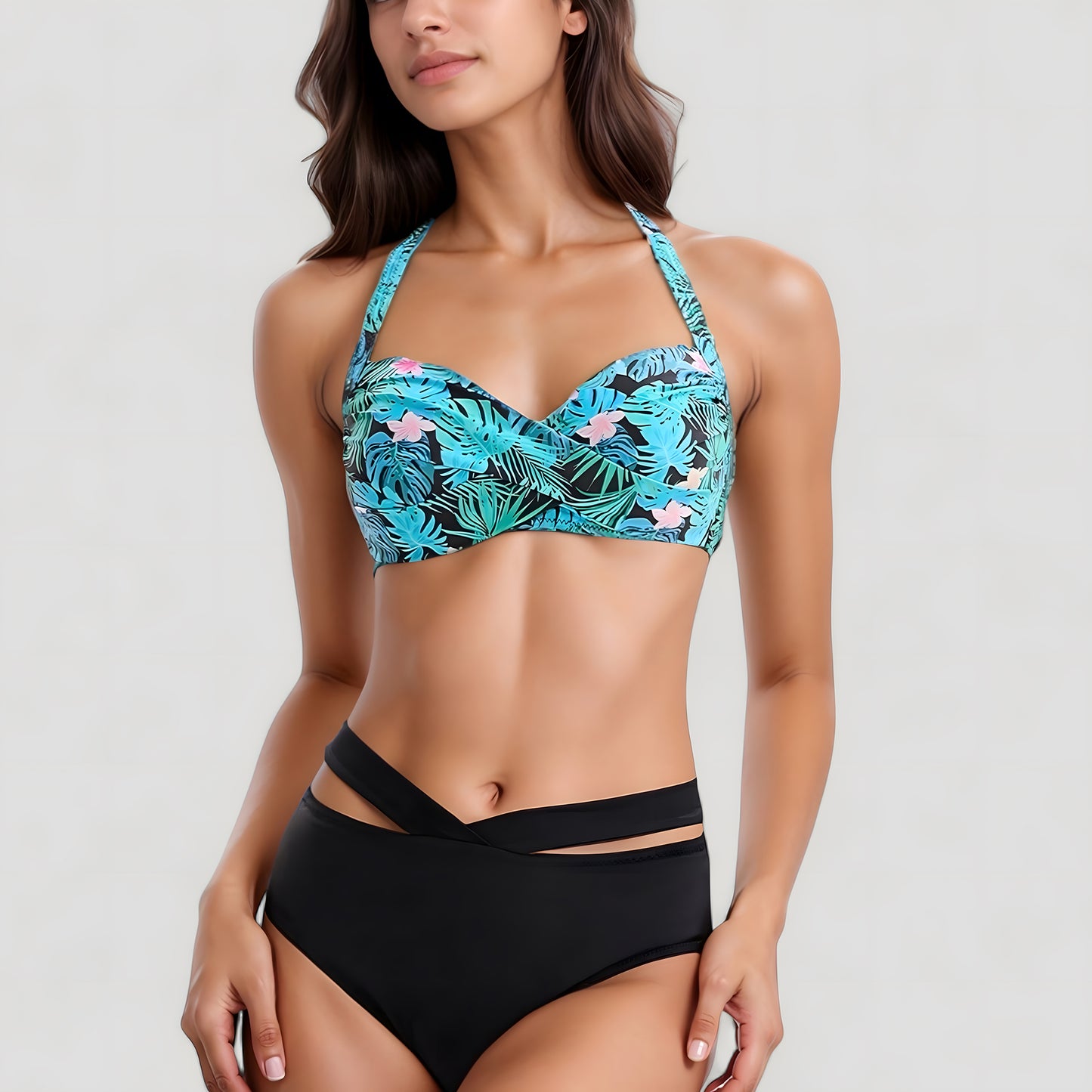 Tropical Print Bikini Set with Crisscross High Waist Bottom and Wide Strap Top