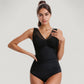 Mesh Insert V-Neck One Piece Swimsuit with Ruched Waist and Wide Shoulder Straps