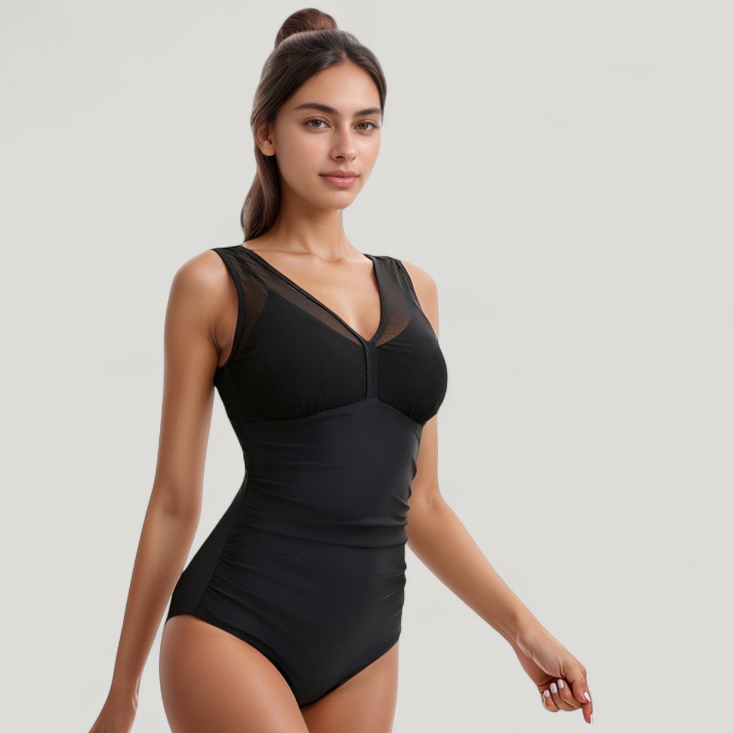 Mesh Insert V-Neck One Piece Swimsuit with Ruched Waist and Wide Shoulder Straps