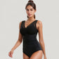 Mesh Insert V-Neck One Piece Swimsuit with Ruched Waist and Wide Shoulder Straps