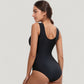 Mesh Insert V-Neck One Piece Swimsuit with Ruched Waist and Wide Shoulder Straps