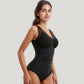 Mesh Insert V-Neck One Piece Swimsuit with Ruched Waist and Wide Shoulder Straps