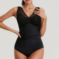 Mesh Insert V-Neck One Piece Swimsuit with Ruched Waist and Wide Shoulder Straps