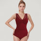 Mesh Insert V-Neck One Piece Swimsuit with Ruched Waist and Wide Shoulder Straps