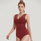 Mesh Insert V-Neck One Piece Swimsuit with Ruched Waist and Wide Shoulder Straps