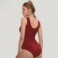 Mesh Insert V-Neck One Piece Swimsuit with Ruched Waist and Wide Shoulder Straps
