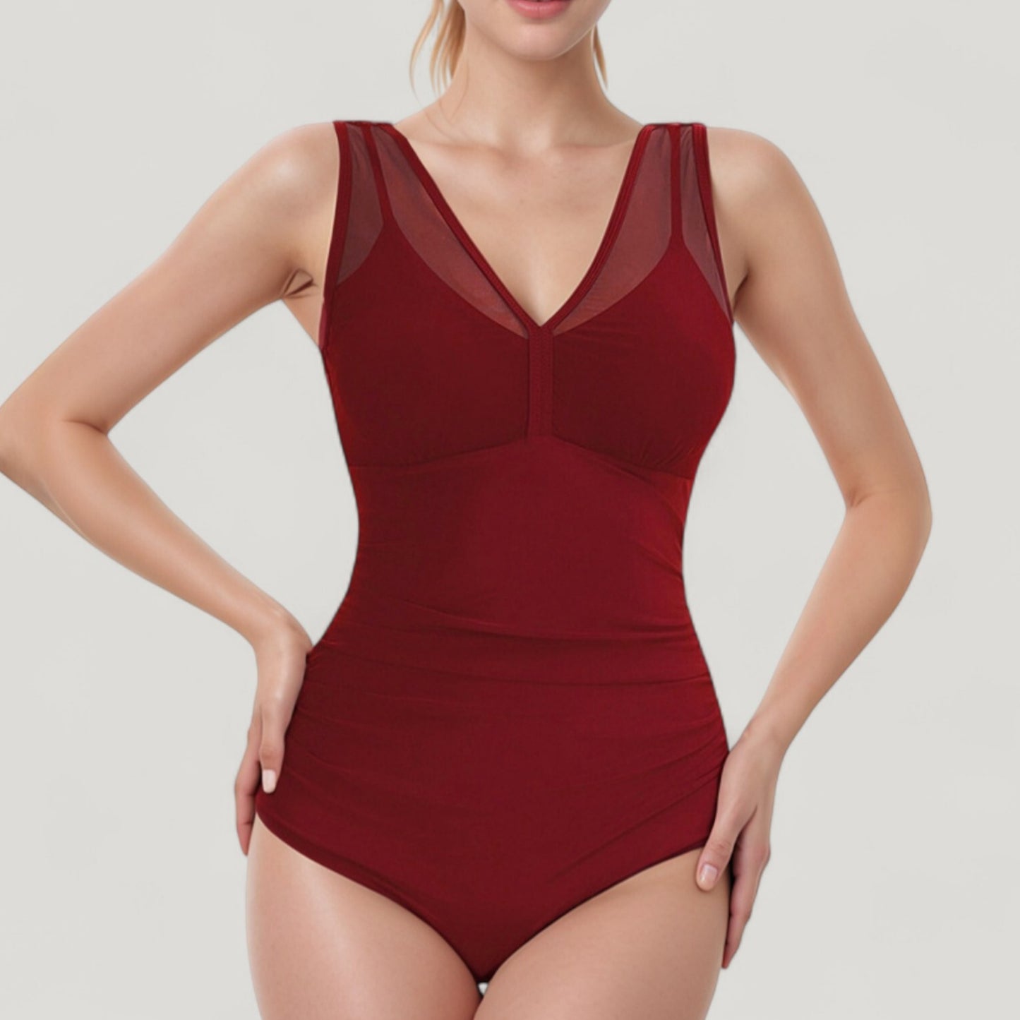 Mesh Insert V-Neck One Piece Swimsuit with Ruched Waist and Wide Shoulder Straps