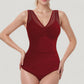 Mesh Insert V-Neck One Piece Swimsuit with Ruched Waist and Wide Shoulder Straps