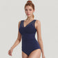 Mesh Insert V-Neck One Piece Swimsuit with Ruched Waist and Wide Shoulder Straps