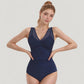 Mesh Insert V-Neck One Piece Swimsuit with Ruched Waist and Wide Shoulder Straps