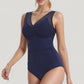 Mesh Insert V-Neck One Piece Swimsuit with Ruched Waist and Wide Shoulder Straps