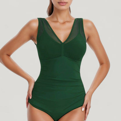 Mesh Insert V-Neck One Piece Swimsuit with Ruched Waist and Wide Shoulder Straps