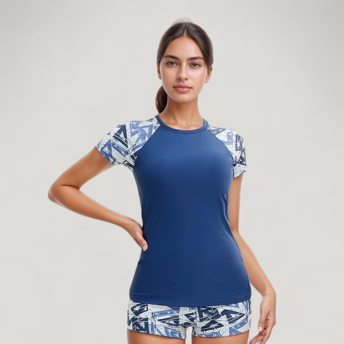 Short Sleeve Rash Guard Swimsuit Set with Printed Sleeves and Matching Swim Shorts