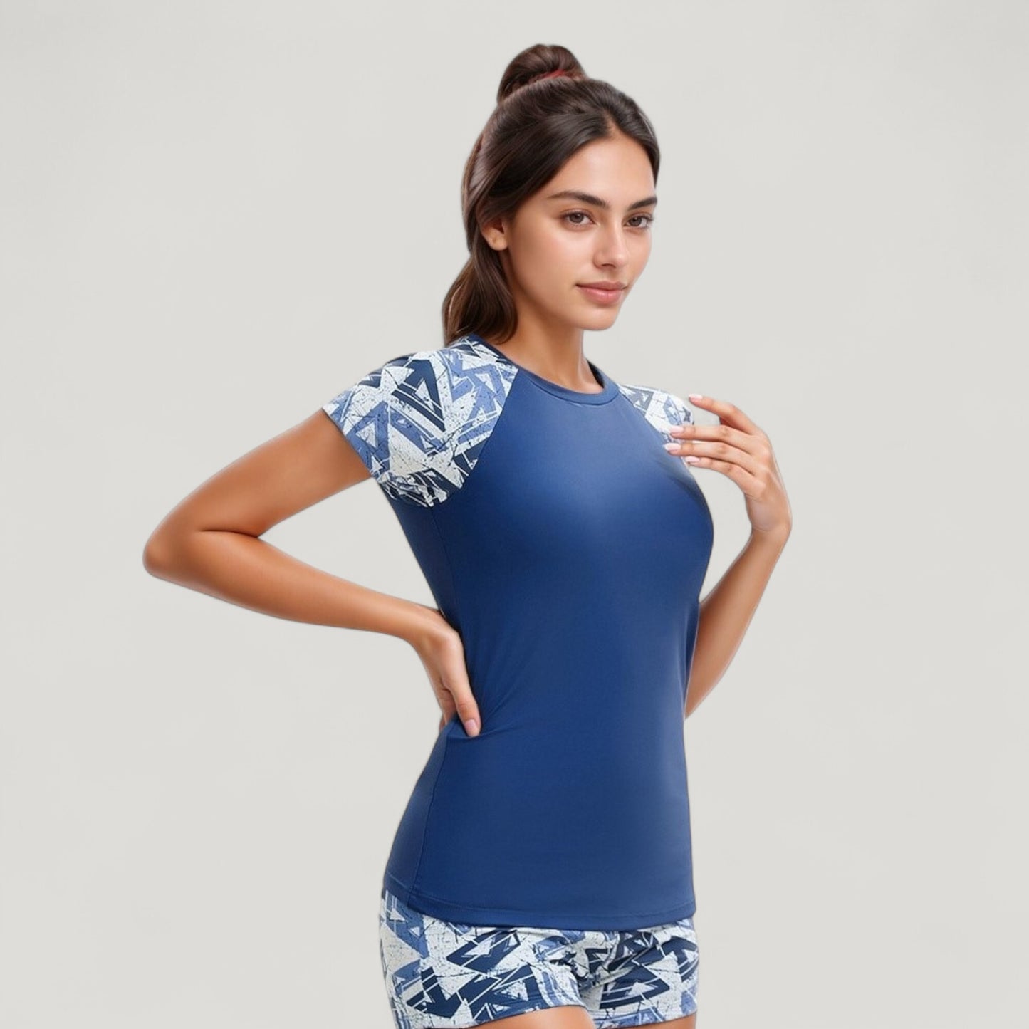 Short Sleeve Rash Guard Swimsuit Set with Printed Sleeves and Matching Swim Shorts