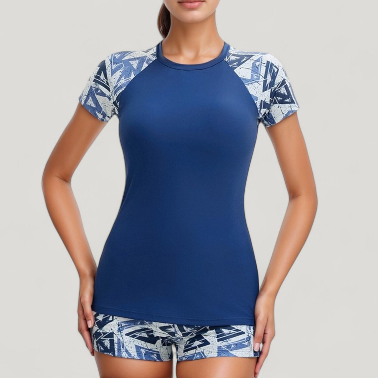 Short Sleeve Rash Guard Swimsuit Set with Printed Sleeves and Matching Swim Shorts