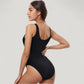 One-Piece Swimsuit with Contrast Contour Panels and Scoop Neckline