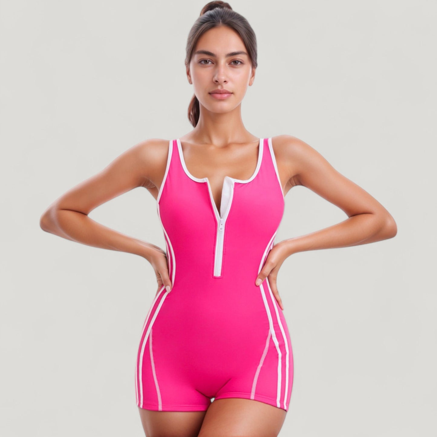One-Piece Zip-Front Swimsuit with Contrast Trim and Boyshort Bottom