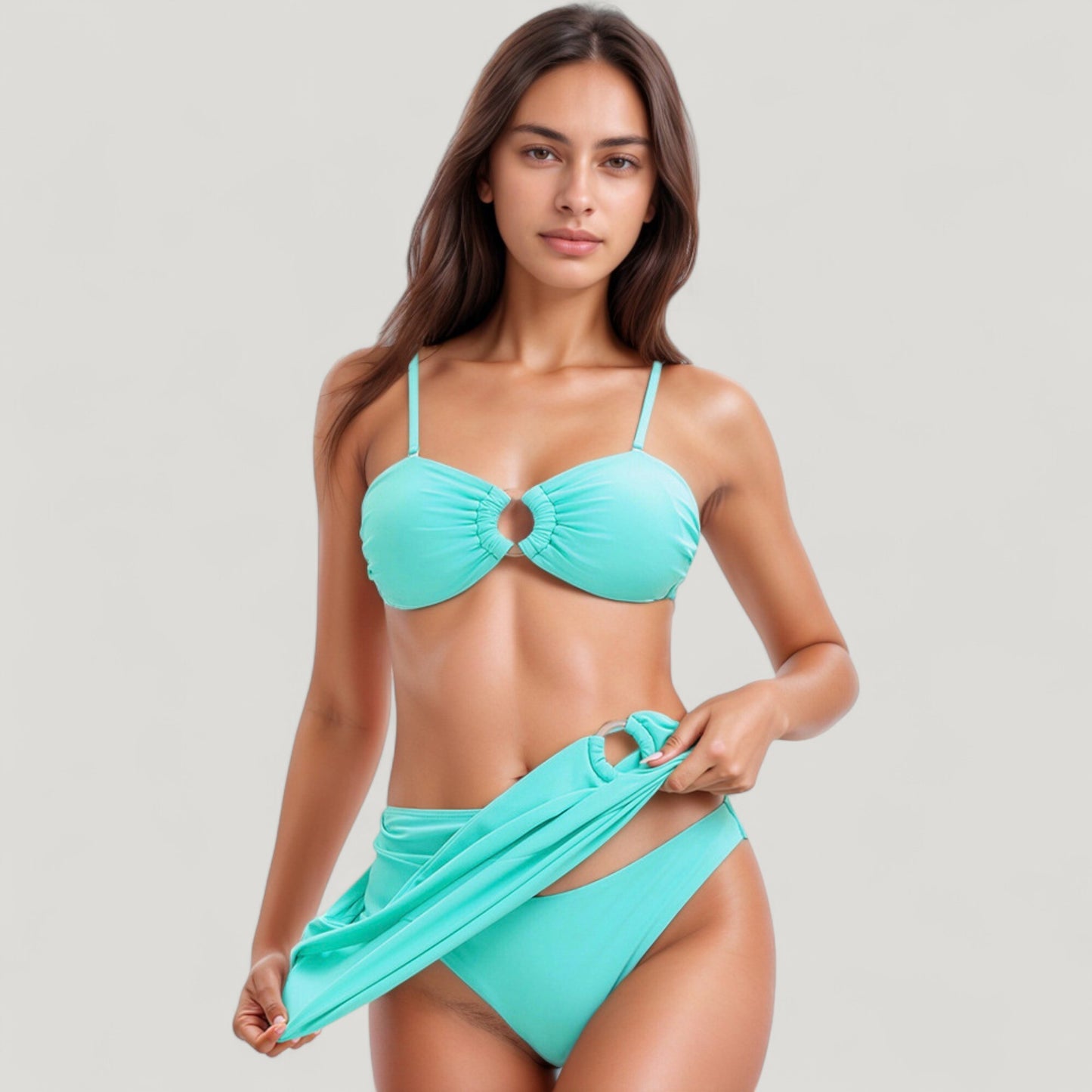 3-Piece Bikini Set with Ring Front Bandeau Top High Waist Bottom and Matching Cover-Up Skirt